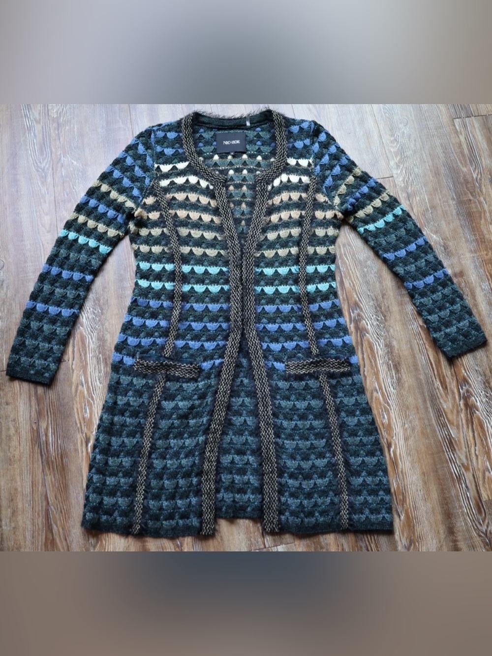 Artsy Green Blue Textured Long Duster Cardigan Sweater Fuzzy Trim Womens Medium